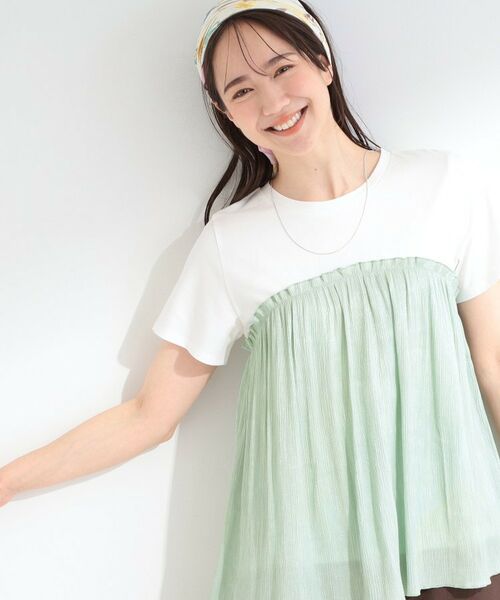 SHOO・LA・RUE / シューラルー カットソー | 【ひんやり/S-LL】きらきらビスチェドッキング風 デザインTシャツ（ライトグリーン(020)）