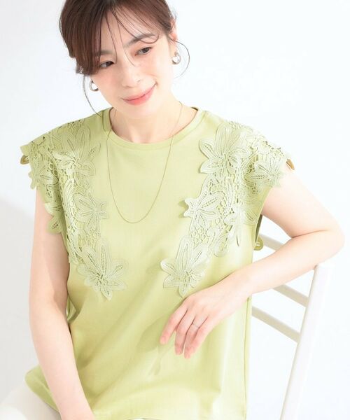 SHOO・LA・RUE / シューラルー カットソー | 【ひんやり/S-LL/洗濯機可】女性らしさ溢れるモチーフレース スムースTシャツ(ライトグリーン(020))