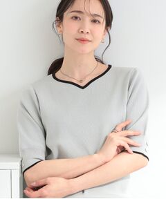 SHOO・LA・RUE / シューラルー ニット・セーター | 【S-LL/洗濯機可】バイカラーが目を引く 5分袖ハートネックニット