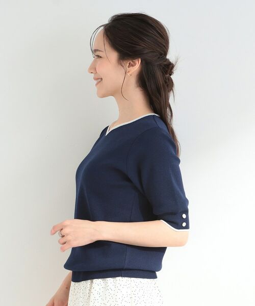 SHOO・LA・RUE / シューラルー ニット・セーター | 【S-LL/洗濯機可】バイカラーが目を引く 5分袖ハートネックニット | 詳細10