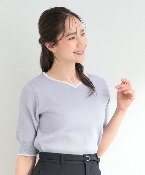 SHOO・LA・RUE / シューラルー ニット・セーター | 【S-LL/洗濯機可】バイカラーが目を引く 5分袖ハートネックニット | 詳細6