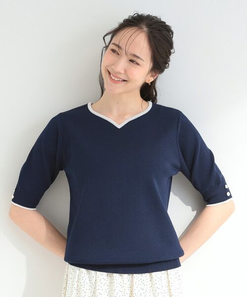 SHOO・LA・RUE / シューラルー ニット・セーター | 【S-LL/洗濯機可】バイカラーが目を引く 5分袖ハートネックニット | 詳細9
