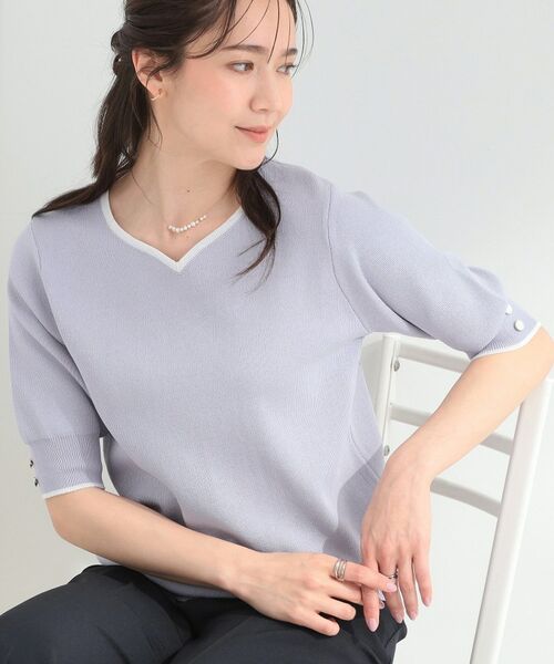 SHOO・LA・RUE / シューラルー ニット・セーター | 【S-LL/洗濯機可】バイカラーが目を引く 5分袖ハートネックニット（ラベンダー(080)）