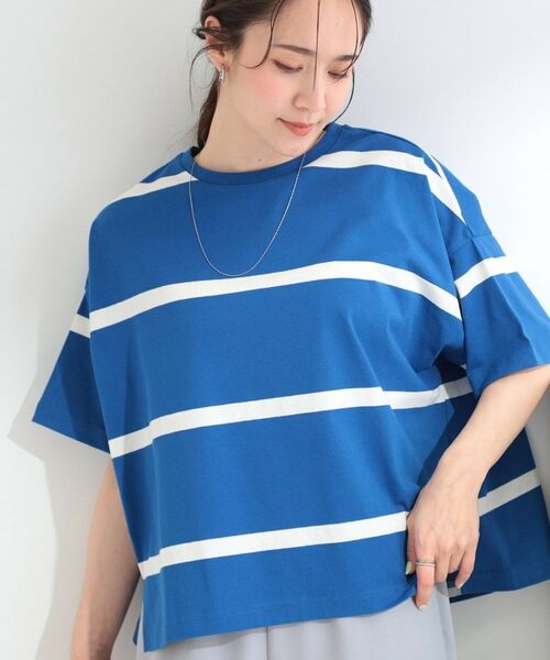 SHOO・LA・RUE / シューラルー Tシャツ | 【SHOO ICE】ひんやり太ボーダー斜め切り替えTシャツ(ブルー(393))