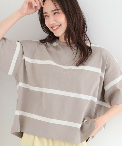 SHOO・LA・RUE / シューラルー Tシャツ | 【SHOO ICE】ひんやり太ボーダー斜め切り替えTシャツ(ベージュ(352))