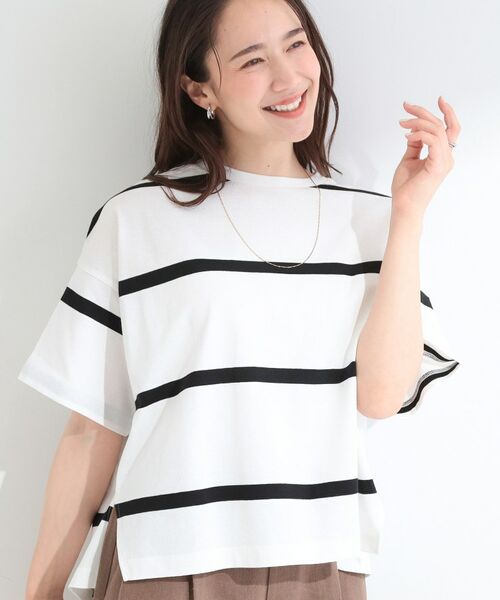 SHOO・LA・RUE / シューラルー Tシャツ | 【SHOO ICE】ひんやり太ボーダー斜め切り替えTシャツ(ブラック(319))