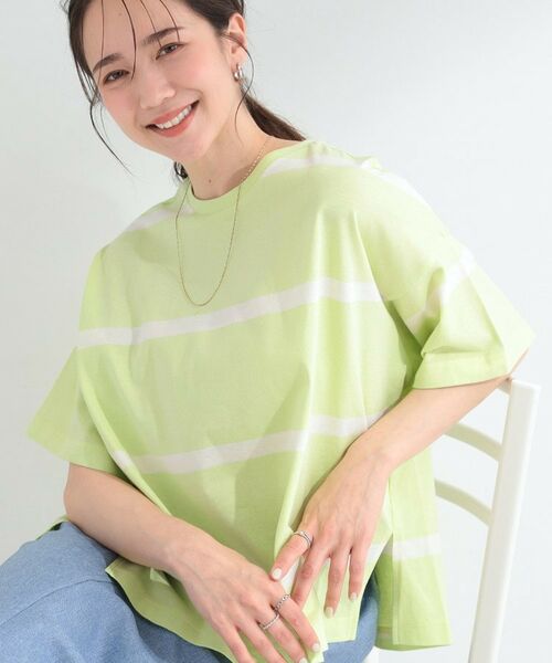 SHOO・LA・RUE / シューラルー Tシャツ | 【SHOO ICE】ひんやり太ボーダー斜め切り替えTシャツ(グリーン(325))