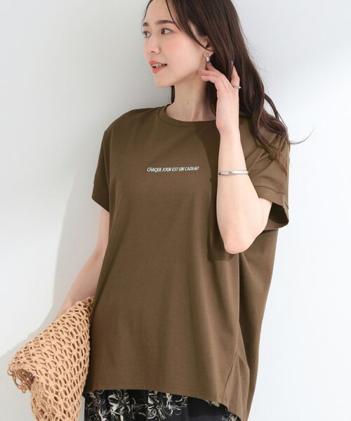 SHOO・LA・RUE / シューラルー カットソー | 【汗じみ防止/ひんやり/S-LL】インせず着られる 刺繍ロゴTシャツ(ブラウン(044))
