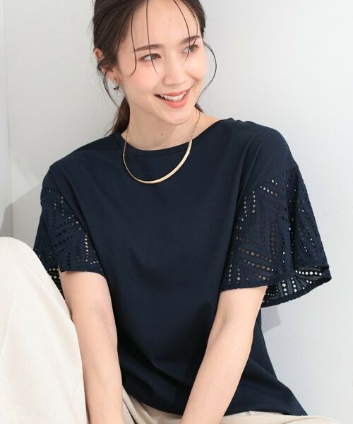 SHOO・LA・RUE / シューラルー カットソー | 【汗じみ防止/ひんやり/S-LL】お袖フレアレースTシャツ(ネイビー(094))