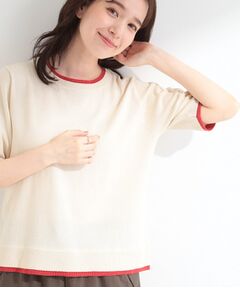 SHOO・LA・RUE / シューラルー ニット・セーター | 【二の腕隠れる/コットン混】配色使いで差がつく 洗える五分袖ニット