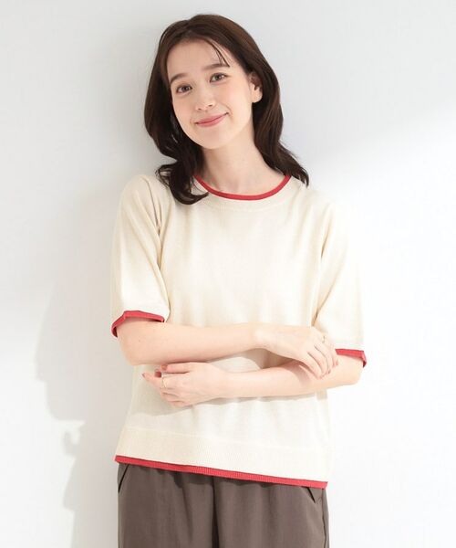 SHOO・LA・RUE / シューラルー ニット・セーター | 【二の腕隠れる/コットン混】配色使いで差がつく 洗える五分袖ニット | 詳細1