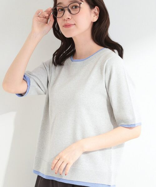 SHOO・LA・RUE / シューラルー ニット・セーター | 【二の腕隠れる/コットン混】配色使いで差がつく 洗える五分袖ニット（グレー(012)）
