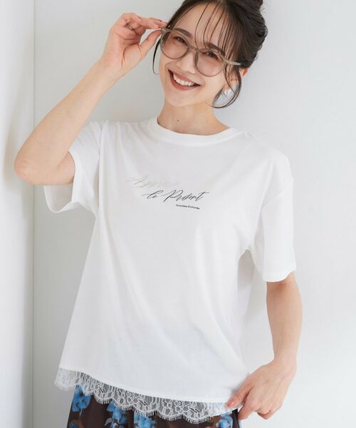 SHOO・LA・RUE / シューラルー Tシャツ | 【S-LL/UV】選べる3柄 裾レースひんやりプリントTシャツ(ホワイト(001))