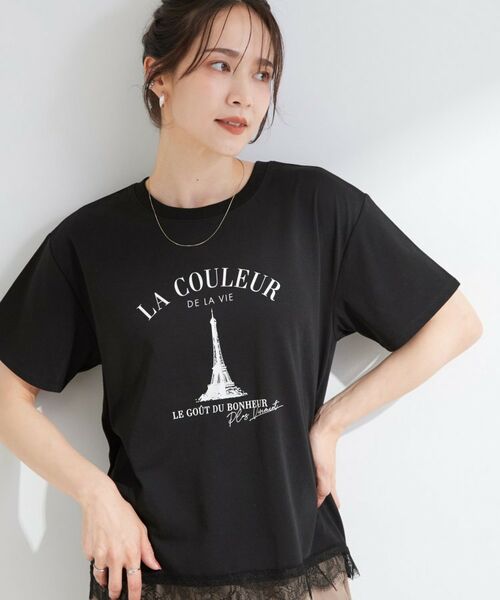 SHOO・LA・RUE / シューラルー Tシャツ | 【S-LL/UV】選べる3柄 裾レースひんやりプリントTシャツ(ブラック(019))