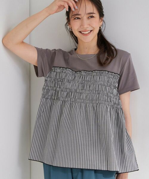 SHOO・LA・RUE / シューラルー カットソー | 【S-LL/洗濯機可】着るだけサマ見え 柄アソートビスチェ風ドッキングTシャツ（ブラック(319)）