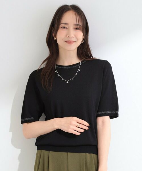SHOO・LA・RUE / シューラルー ニット・セーター | 【洗濯機可/S-LL】キラッと華やか ラメライン五分袖ニット | 詳細1