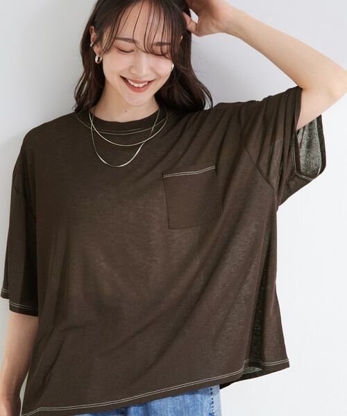 SHOO・LA・RUE / シューラルー カットソー | 【S-LL/体型カバー】ゆるっとこなれる 大人のシアースラブTシャツ(ブラウン(043))