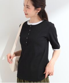 SHOO・LA・RUE / シューラルー カットソー | 【S-LL/洗濯機可】二の腕隠れる 配色レイヤード風 ヘンリーネック5分袖Tシャツ