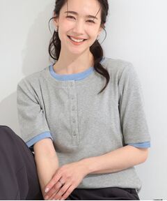 SHOO・LA・RUE / シューラルー カットソー | 【S-LL/洗濯機可】二の腕隠れる 配色レイヤード風 ヘンリーネック5分袖Tシャツ