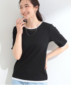 【S-LL/洗濯機可】二の腕隠れる 配色レイヤード風 5分袖Tシャツ