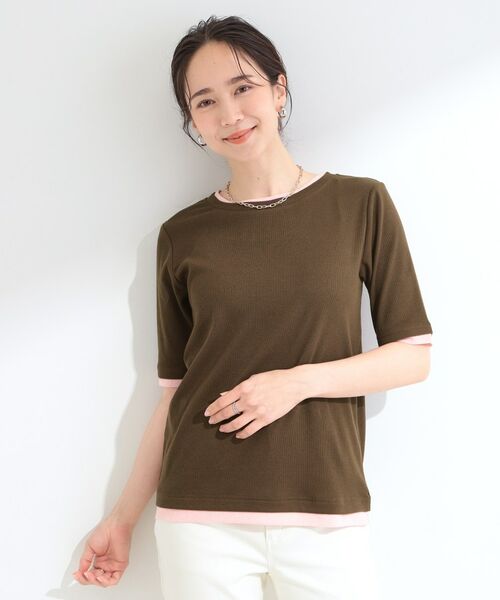 SHOO・LA・RUE / シューラルー カットソー | 【S-LL/洗濯機可】二の腕隠れる 配色レイヤード風 5分袖Tシャツ | 詳細9