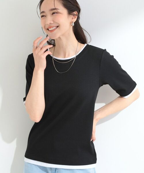 SHOO・LA・RUE / シューラルー カットソー | 【S-LL/洗濯機可】二の腕隠れる 配色レイヤード風 5分袖Tシャツ(ブラック(519))