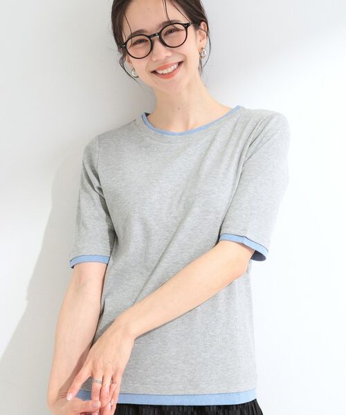 SHOO・LA・RUE / シューラルー カットソー | 【S-LL/洗濯機可】二の腕隠れる 配色レイヤード風 5分袖Tシャツ(グレー(512))