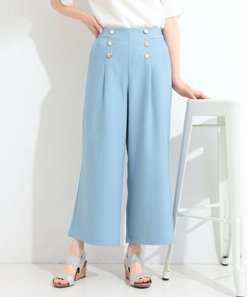 SHOO・LA・RUE / シューラルー ショート・ハーフ・半端丈パンツ | 【S-LL/洗濯機可】デニム調 ゴールドボタンデザインワイドパンツ(ブルー(092))