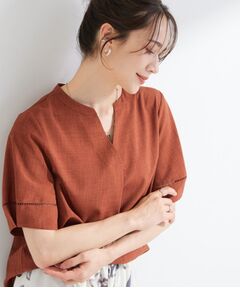 SHOO・LA・RUE / シューラルー シャツ・ブラウス | 【洗濯後しわになりにくい／インせずきまる】麻調ハシゴレーススキッパーブラウス