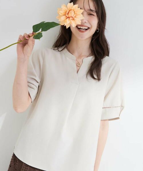 SHOO・LA・RUE / シューラルー シャツ・ブラウス | 【洗濯後しわになりにくい/インせずきまる】麻調ハシゴレーススキッパーブラウス(アイボリー(004))
