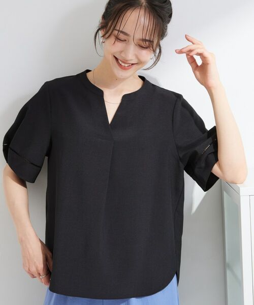SHOO・LA・RUE / シューラルー シャツ・ブラウス | 【洗濯後しわになりにくい/インせずきまる】麻調ハシゴレーススキッパーブラウス(ブラック(019))