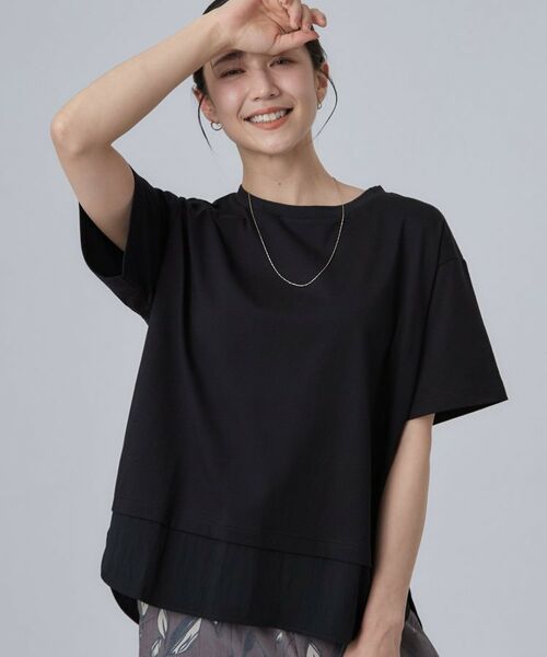 SHOO・LA・RUE / シューラルー カットソー | 【ひんやり/体型カバー/S-LL】インせず着られる 異素材ドッキングTシャツ(ブラック(019))