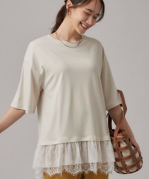 SHOO・LA・RUE / シューラルー カットソー | ひんやり裾レースTシャツ(ライトベージュ(051))