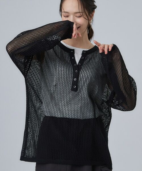 SHOO・LA・RUE / シューラルー その他トップス | 【2点セット/洗濯機可/S-LL】ヘンリーネックメッシュニット+タンクトップセット(ブラック(019))