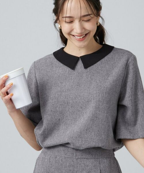 SHOO・LA・RUE / シューラルー シャツ・ブラウス | 【高通気/セットアップ対応】サマーツイード調衿付き半袖ブラウス(チャコールグレー(014))