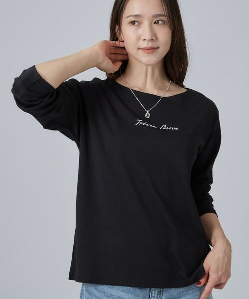 SHOO・LA・RUE / シューラルー カットソー | 【UVカット】大人上品スムース長袖ロゴプリントTシャツ（ブラック(219)）