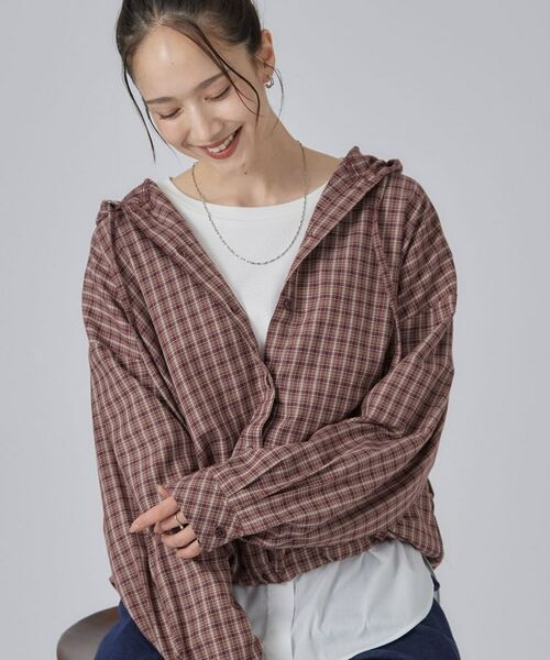 SHOO・LA・RUE / シューラルー シャツ・ブラウス | 【S-LL/洗濯機可】大人カジュアルに。裾ドロスト フードチェックシャツ(ボルドー(264))