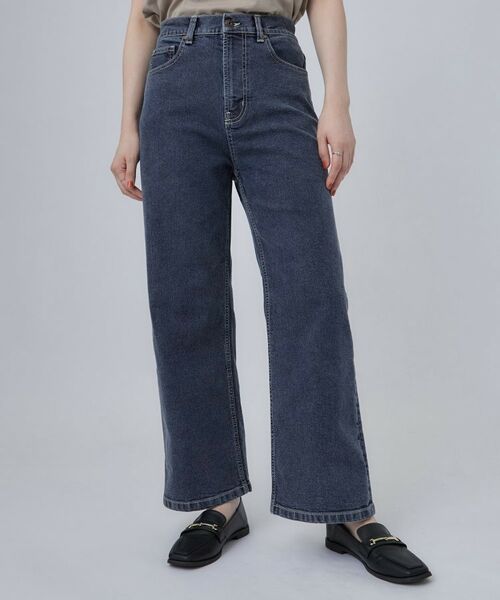 SHOO・LA・RUE / シューラルー デニムパンツ | 【ストレッチ/色落ちしにくいネイビー】脚がまっすぐきれいに見えるワイドストレートデニムパンツ(ブルー(093))