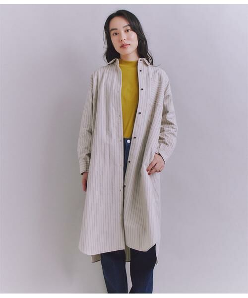 SIPULI/シプリ Cotton Linen Double Stripe ポケットロングシャツドレス グレージュ 3 SIPULI/シプリ Cotton Linen Double Stripe ポケットロングシャツドレス グレージュ 3