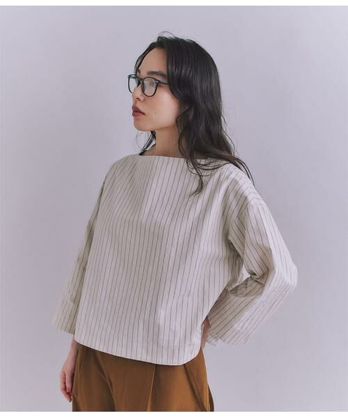 SIPULI/シプリ Cotton Linen Double Stripe ガゼット付ブラウス グレージュ 2 SIPULI/シプリ Cotton Linen Double Stripe ガゼット付ブラウス グレージュ 2