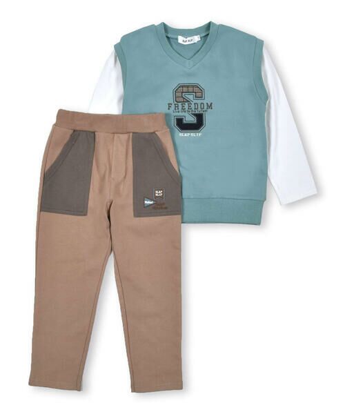 SLAP SLIP / スラップ スリップ セットアップ | ワッペン 付 ベスト レイヤード 風 長袖 Tシャツ + ポケット 配色 パンツ セット (80~130cm) | 詳細2