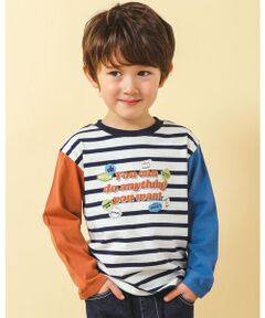 袖 配色 ボーダー プリント 長袖 Tシャツ (80~130cm)