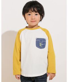 【 防汚加工 】 【 お揃い 】 ポケット 付 恐竜 モチーフ 天竺 長袖 ラグラン Tシャツ (80~130cm)