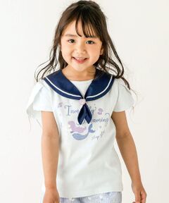 【お揃い】セーラーつけ襟グリッタープリント半袖Tシャツ(80~130cm)