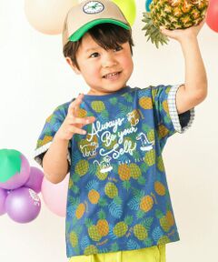 【お揃い】フルーツ総柄柄ナレ袖チェック半袖Tシャツ(80~130cm)