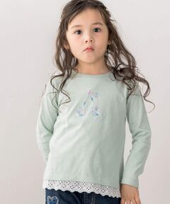 チェリーモチーフラインストーン肩リボン裾フリル長袖Tシャツ(80~130cm)