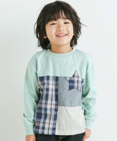 星ポケット配色チェック柄切り替え長袖Tシャツ(80~130cm)