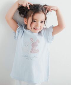 ネコウサギパッチ刺しゅうフリル袖Tシャツ(80~130cm)