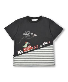 アニマル恐竜はたらくくるまプリントボーダー柄切り替え半袖Tシャツ(80~130cm)