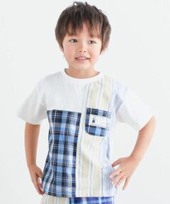 【お揃い】チェックストライプ切り替え半袖Tシャツ(80~130cm)